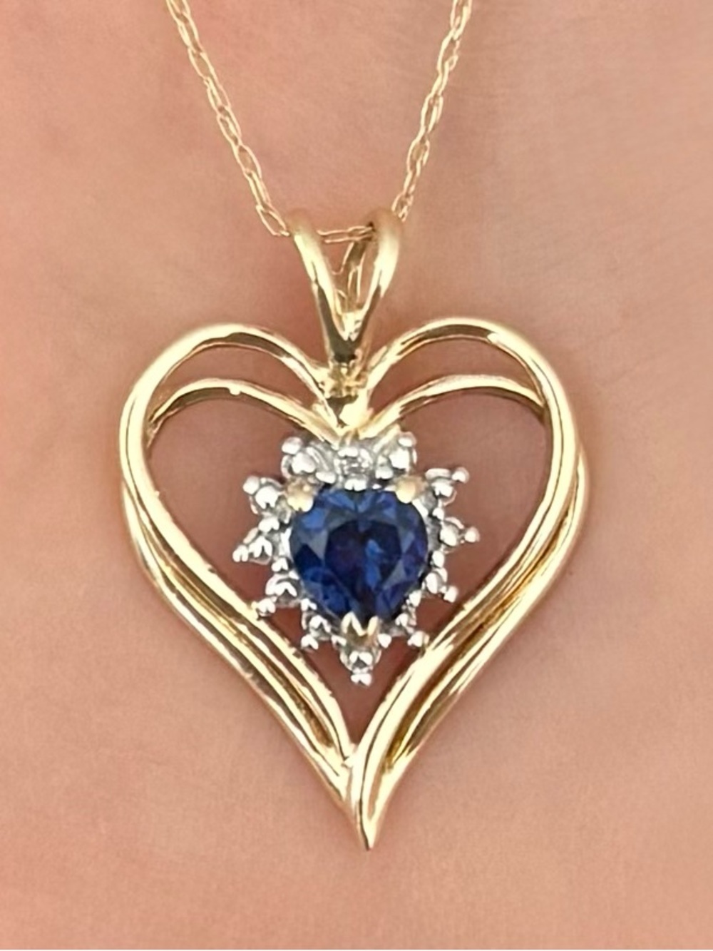 Solid 10K Yellow Gold Blue Sapphire & Diamond Heart Pendant Necklace 19"